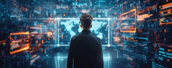 Wall Mural - Man facing digital interface with futuristic technology graphics. Free copy space for banner.