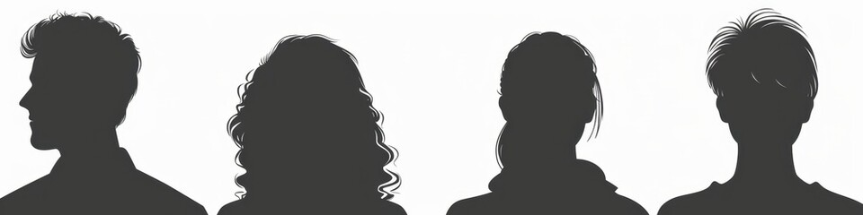 4 simple grey and white profile pictures of people, male female, no faces just silhouettes Generative AI