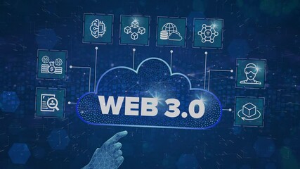 Wall Mural - Web 3.0 Cloud construction concept video on virtual screen. Semantic Web, Metaverse, 3D Graphics, Connectivity (Ubiquity), Decentralization, Digital Identities, Micropayments, AI, Big Data, Blockchain