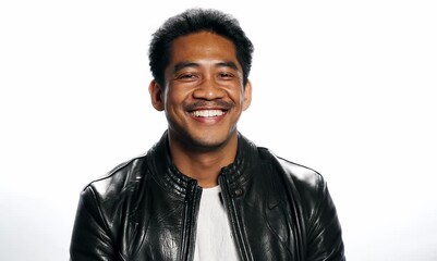 Wall Mural - Portrait of a smiling asian man in leather jacket on white background