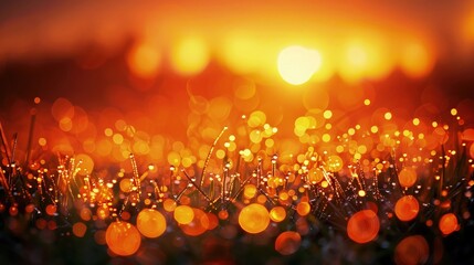 Wall Mural - glittering dew drops on grass with a deep orange sunset in the background, creating a contrast of fi