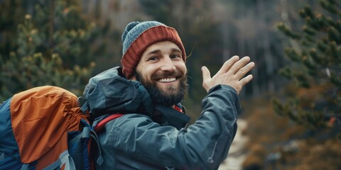 Wall Mural - A person with a backpack and waving hand, possibly signaling or greeting someone