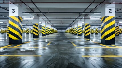 Empty parking garage urban industrial building interior. Wet concrete floor adds to modern urban design