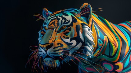  Tiger painted with colorful geometric patterns. Perfect for artistic and unique design themes.