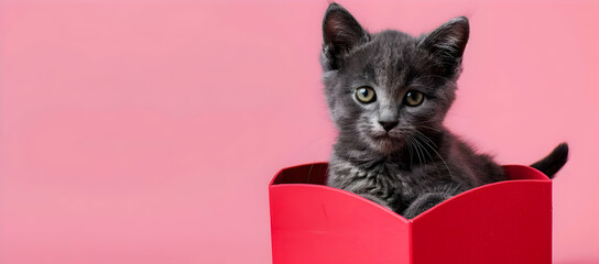 Adorable gray kitten peeks out of a red box against a pink background, looking curious and playful. Perfect for pet lovers and cat-themed designs.