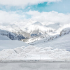 Wall Mural - wooden snow covered table top with wooden tray bowl for products. copy space for montage objects dis