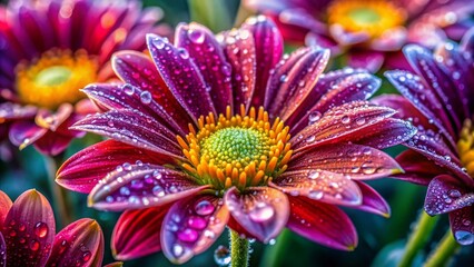 Poster - Vibrant macro shots of wet blooming flowers glisten with morning dew, showcasing intricate details and colors in stunning close-up wallpapers for widescreen displays.