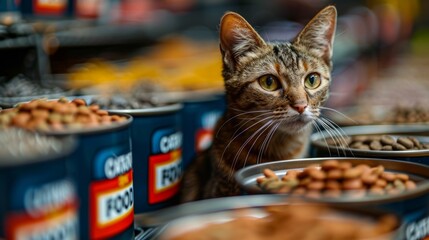 Sticker - A Tabby Cat Gazes Longingly at a Shelf of Canned Food. Generative AI