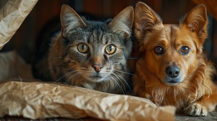 Sticker - A Curious Cat and Dog Peek Out From Their Paper Shelter. Generative AI