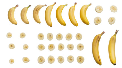 Wall Mural - Set of bananas isolated on white. Banana whole and sliced, cut out