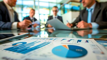 Poster - A group of business executives reviewing financial reports and discussing investment strategies in a boardroom.