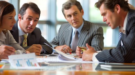 Poster - A group of business executives reviewing financial reports and discussing investment strategies in a boardroom.