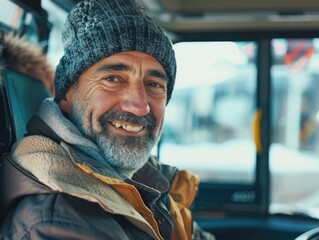 A person sitting on a bus with a friendly expression, possibly capturing a moment of happiness or relaxation