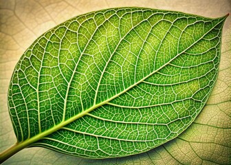 Wall Mural - Vibrant green leaf with intricate network of highlighted veins and delicate edges stands out against a soft, creamy, minimalist background with subtle texture.