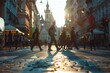 © SKIMP Art - photographs of people crossing the street in the Czech Republic, wide shot, sunny day, shallow depth of field Generative AI