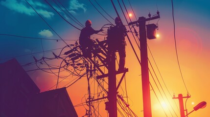 Wall Mural - A maintenance worker repairing power lines, illustrating the importance of infrastructure upkeep.