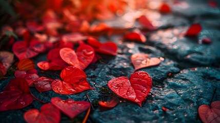 Wall Mural - Heart Shaped Autumn Leaves Arranged in a Romantic Trail on a Forest Path