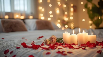 Romantic Bedroom Setting with Rose Petals and Candles Love Concept with Copy Space