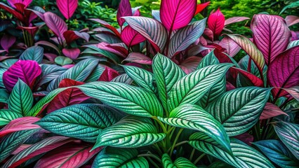 Poster - Vibrant pink and teal leaves shine amidst lush green foliage, capturing the essence of a serene garden paradise with intricate textures and natural beauty.