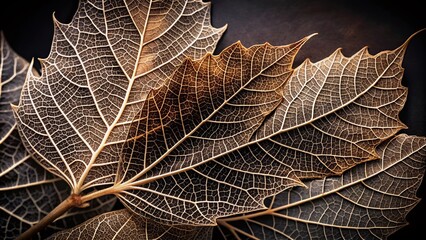 Poster - Elegant monochrome photograph of layered autumn leaves showcasing intricate vein patterns and delicate textures against a mysterious dark background, evoking serenity and decay.