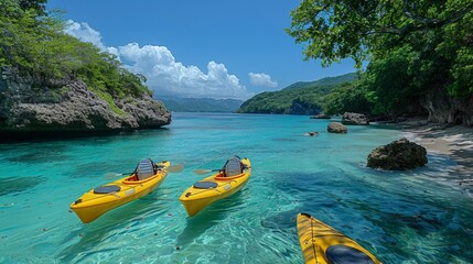 Wall Mural - Kayaking Through Crystal Clear Waters of a Tropical Lagoon. Generative AI