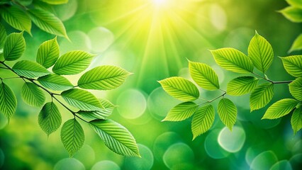 Poster - Vibrant green leaves on a blurred natural background, creatively blurred with a shallow depth of field, providing ample copyspace for your text or design elements.