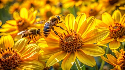 Sticker - Vibrant yellow petals unfold to reveal a burst of golden pollen, surrounded by busy bees collecting nectar, amidst a soft, sunlit natural environment.