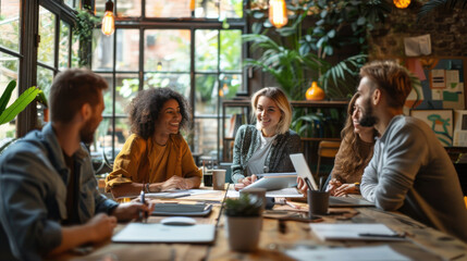 Diverse team collaborating in a modern office setting, surrounded by natural light and greenery, fostering creativity and teamwork.