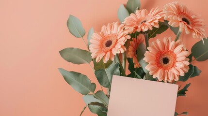 Wall Mural - A Bouquet of Peach-Colored Gerbera Daisies Against a Coral Background. Generative AI