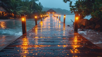 Wall Mural - A Rainy Evening Walk on a Tropical Wooden Dock Illuminated by Warm Lights. Generative AI