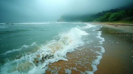 Wall Mural - A Misty Morning on the Coast, Where Waves Crash and Embrace the Sandy Shore. Generative AI