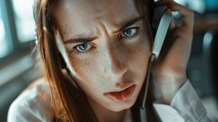 Wall Mural - Close-up of bank employees on phones dealing with customer complaints about account issues, stressed expressions, Portrait close-up, hyper-realistic, high detail, photorealistic, studio lighting, Key