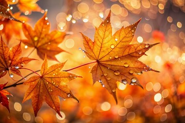 Poster - Vibrant orange autumn leaves glisten with tiny water droplets against a soft, blurred background with creamy bokeh, evoking a sense of serene autumn wonder.