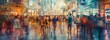 © SKIMP Art - Abstract photo of a crowd walking in a shopping mall, with a double exposure of a cityscape Conceptual art in the style of a panorama Generative AI