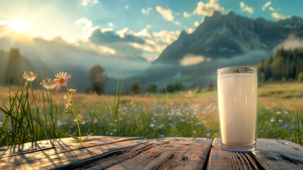 Wall Mural - A glass of milk on a wooden table in front of a mountain