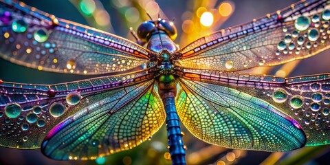 Wall Mural - Vibrant iridescent dragonfly wings glisten with dew, showcasing intricate details and colors, as water droplets sparkle like tiny diamonds against a soft, blurred background.