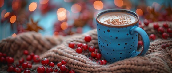 Warm Cappuccino in a Blue Mug with Berries