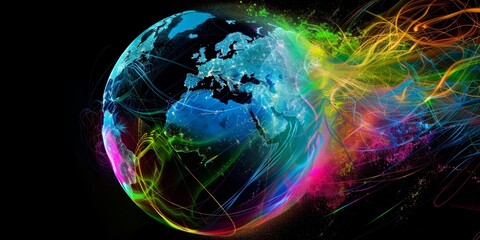 Wall Mural - an abstract globe design with vibrant streaks, symbolizing the evolution and expansion of global net