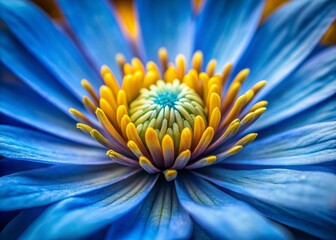 Poster - Delicate blue petals with intricate details and vibrant yellow stamens creates a stunning contrast in this macro shot of a solitary blooming flower.