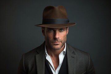 Poster - Portrait of a tender man in his 30s donning a classic fedora while standing against white background