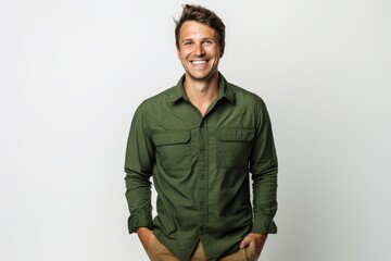 Wall Mural - Portrait of a happy man in his 30s sporting a breathable hiking shirt on white background