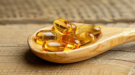 Fish oil capsules, omega 3, omega 9, vitamin D, and E in a wooden spoon