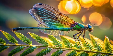 Wall Mural - Vibrant iridescent dragonfly perches on a delicate fern frond, its intricate wings and emerald green body glistening with dew in the warm morning light.