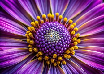 Sticker - Vibrant purple petals unfolding from a delicate yellow center, showcasing intricate patterns and textures in a stunning macro view of a beautiful blooming flower.