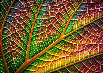 Wall Mural - Vibrant colorful leaf showcasing intricate veins, delicate edges, and mesmerizing patterns, captured in stunning close-up macro photography, revealing nature's artistic beauty.