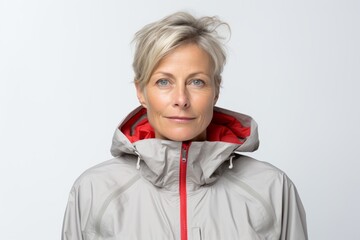 Poster - Portrait of a tender woman in her 50s wearing a functional windbreaker over white background