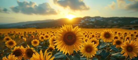 Canvas Print - Sunset over a field of sunflowers