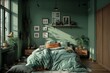 © Inigo - Green bedroom interior with green walls, wooden floor, big bed with orange pillows and plants.