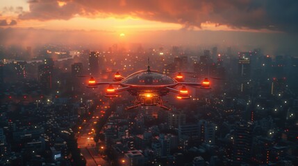 Sticker - Drone Flight Over Cityscape at Sunset