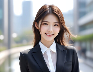 A smiling young beautiful woman in a business suit. Image of a new member of society.  ビジネススーツを着た笑顔の若い美人な女性。新社会人のイメージ。